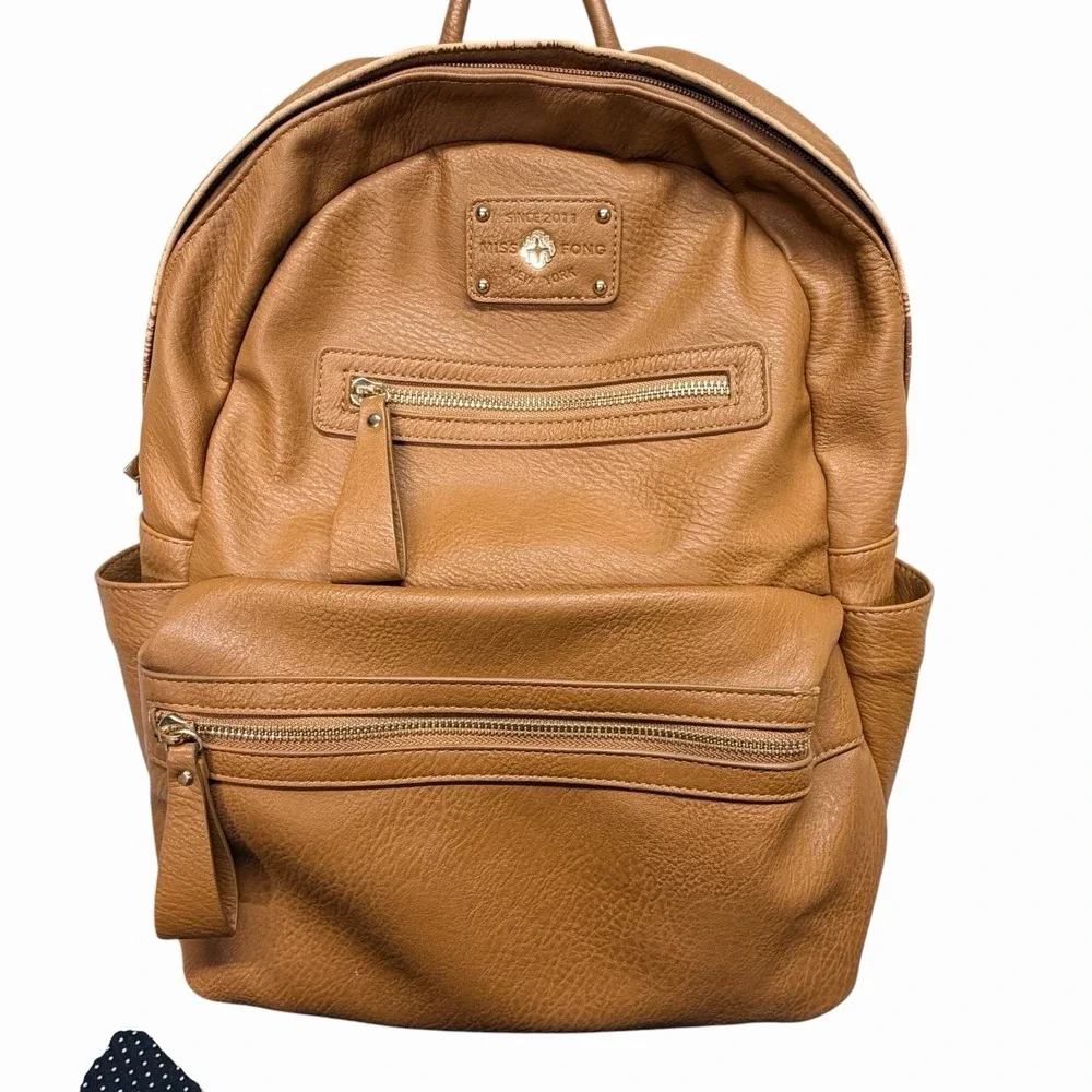 Miss Fong Brown Faux Leather Backpack Diaper Bag Multi Pocket Striped Lining